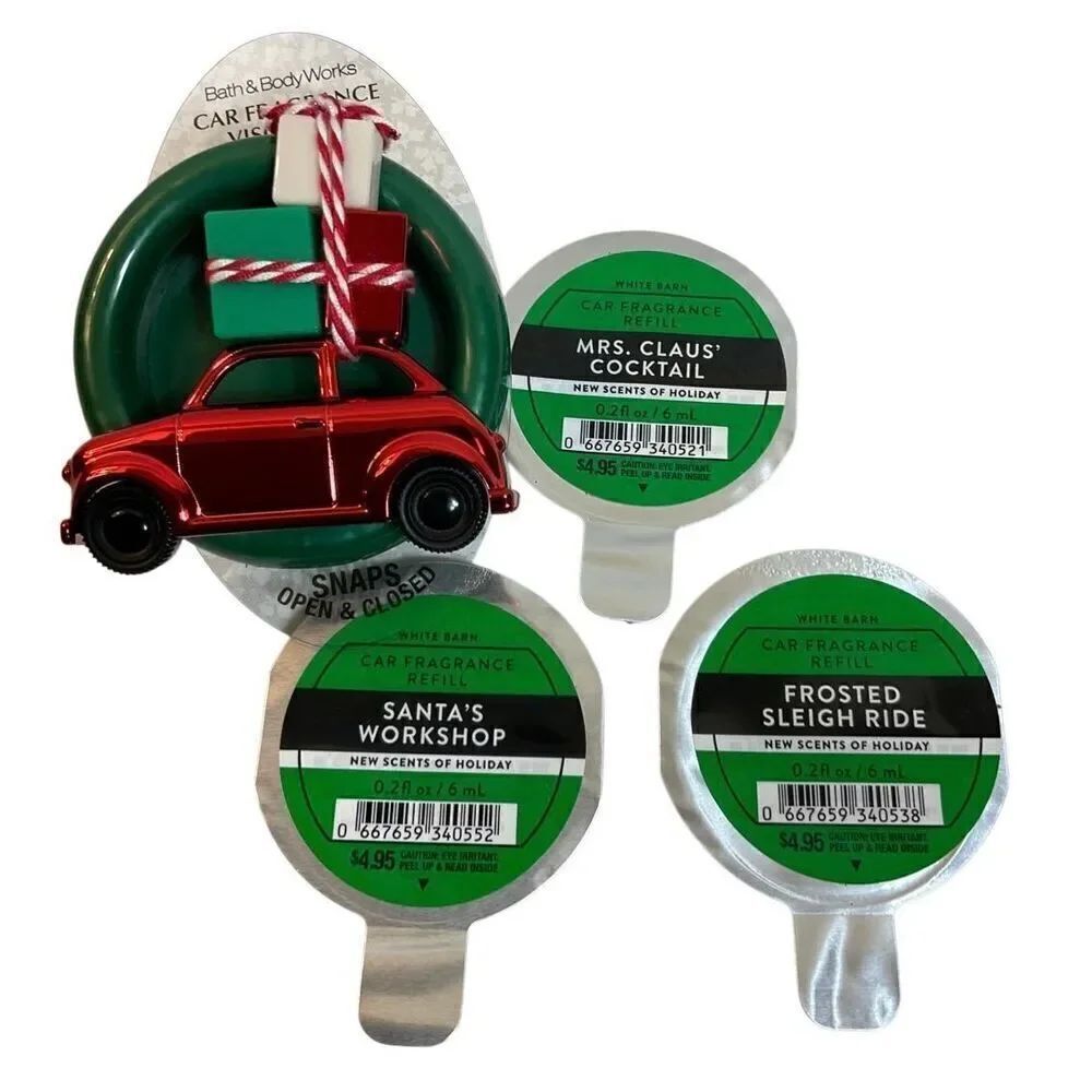 Bath and Body Works CHRISTMAS CAR Visor Clip and 3 Car Fragrance Refills